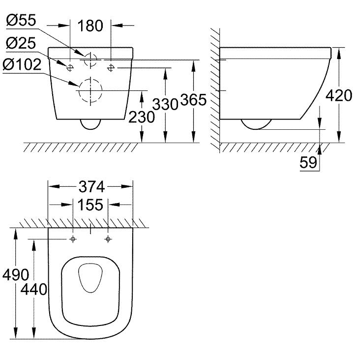 Vas WC suspendat Grohe Euro Ceramic Rimless 37x49 cm evacuare orizontala