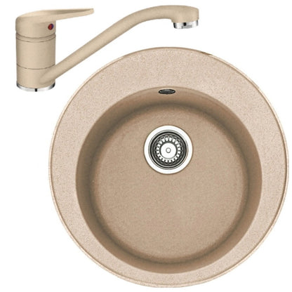 Franke Rotondo ROG 610 Set chiuveta bucatarie granit Ø51 cm cu baterie monocomanda Novara Plus, bej (avena)