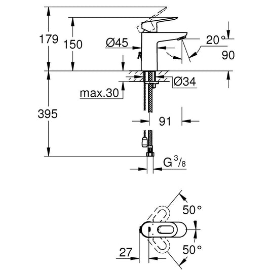 Baterie lavoar Grohe BauLoop, cu lant retractabil