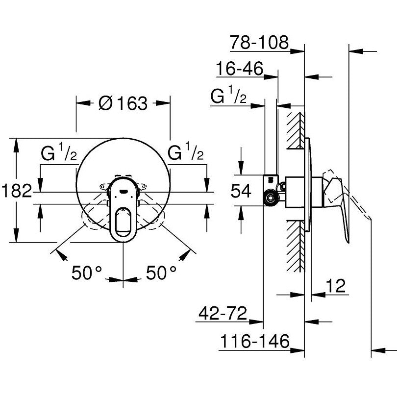 Grohe BauLoop Baterie dus, montaj incastrat