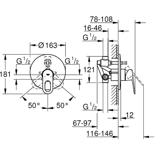 Grohe BauLoop Baterie cada dus, incastrata