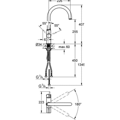 Grohe Red Duo Baterie chiuveta bucatarie monocomanda cu pipa rotunda, crom