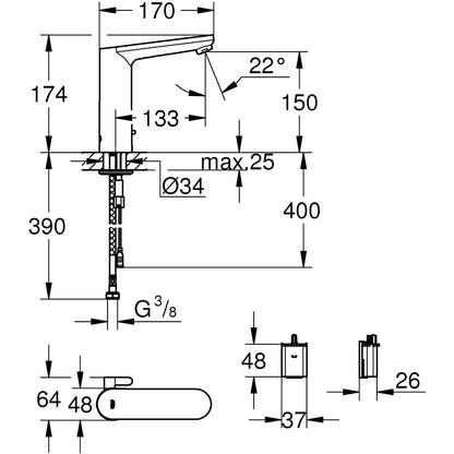 Grohe Eurosmart Cosmopolitan E Baterie lavoar electronica cu mixare apa, alimentare baterie, inaltime medie