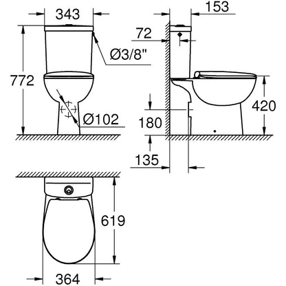 Set Vas WC pe pardoseala cu rezervor aparent si capac soft close Grohe Bau Ceramic 36x62 cm evacuare orizontala
