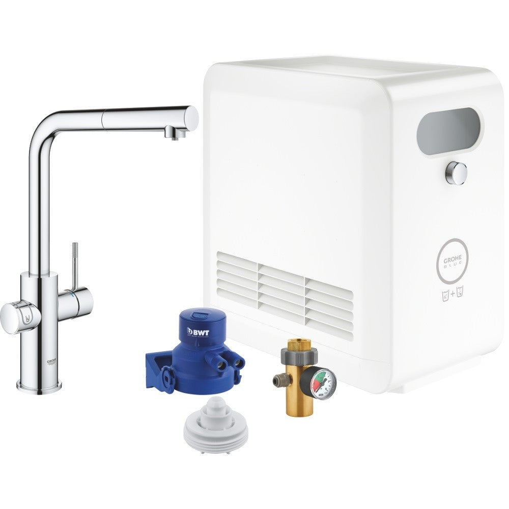 Grohe Blue Professional Baterie de bucatarie cu sistem de filtrare, racire si acidulare, pipa L si dus extractibil, crom