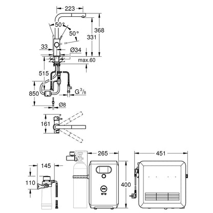 Grohe Blue Professional Baterie de bucatarie cu sistem de filtrare, racire si acidulare, pipa L si dus extractibil, crom