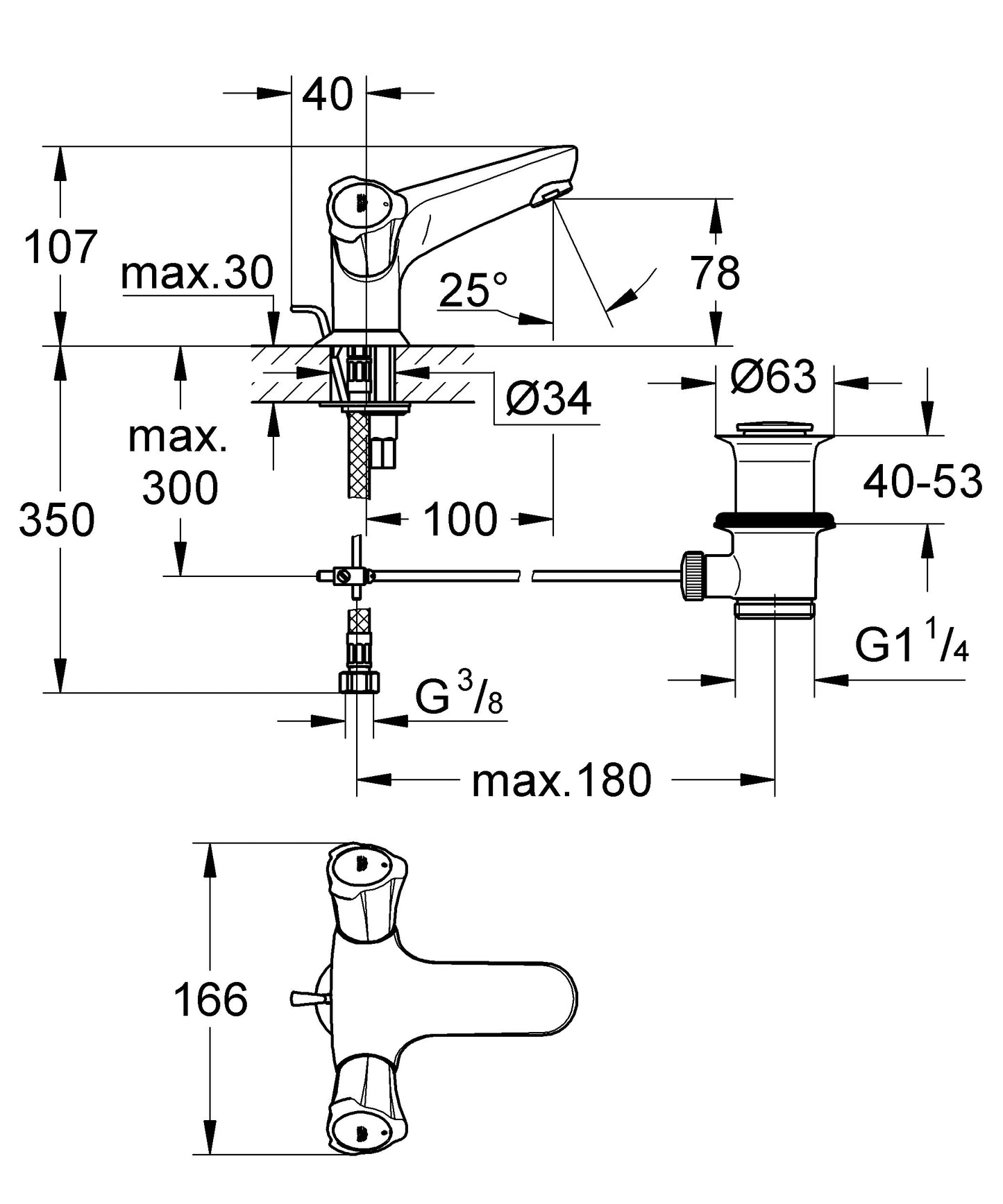 Baterie lavoar Grohe Costa L, dubla comanda, set de scurgere cu tija
