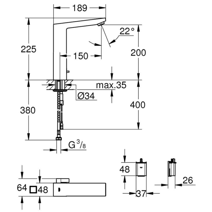 Grohe Eurocube E Baterie lavoar electronica cu infrarosu, baterie 6V, mixare apa