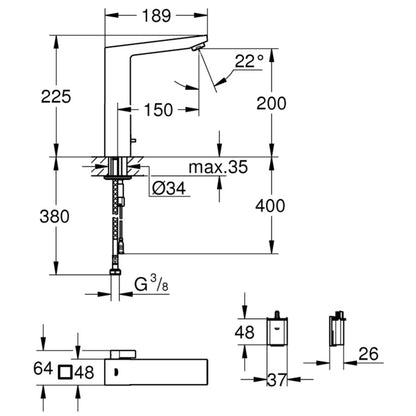 Grohe Eurocube E Baterie lavoar electronica cu infrarosu, baterie 6V, mixare apa