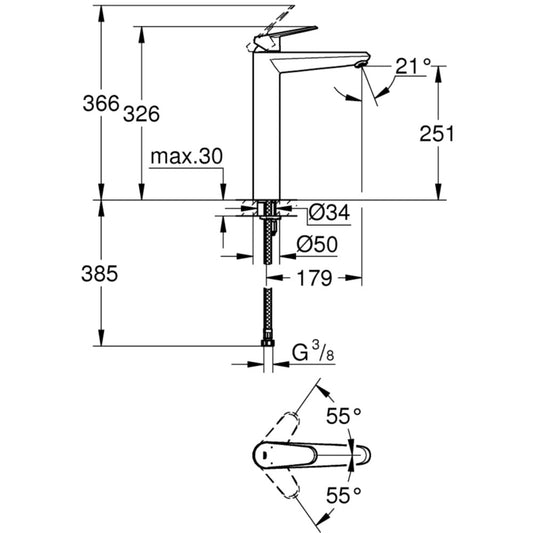 Baterie lavoar pe blat Grohe Eurodisc Cosmopolitan, marime XL