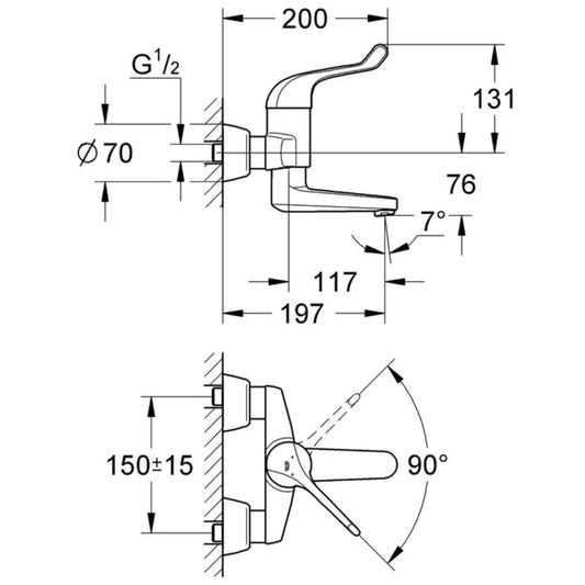 Grohe Euroeco Single Sequential Baterie lavoar monocomanda, montaj pe perete, pipa pivotanta 20 cm