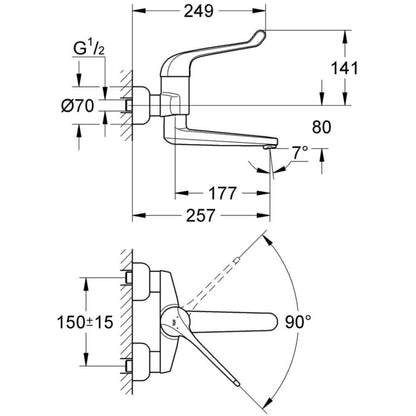 Grohe Euroeco Single Sequential Baterie lavoar monocomanda, montaj pe perete, pipa pivotanta 26 cm