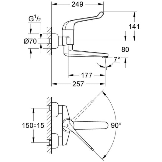 Grohe Euroeco Single Sequential Baterie lavoar monocomanda, montaj pe perete, pipa pivotanta 26 cm