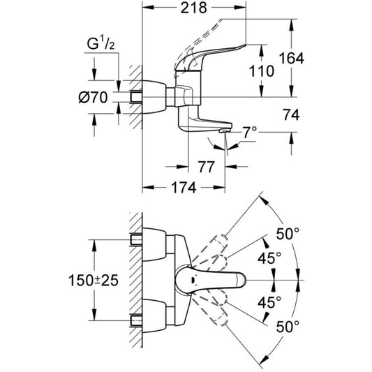 Baterie lavoar perete Grohe Euroeco Special, pipa pivotanta 17 cm