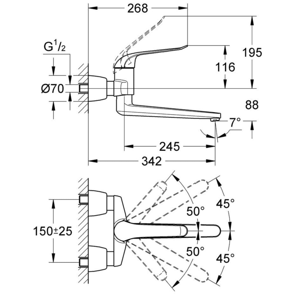 Baterie chiuveta baie perete Grohe Euroeco Special, pipa pivotanta 34 cm