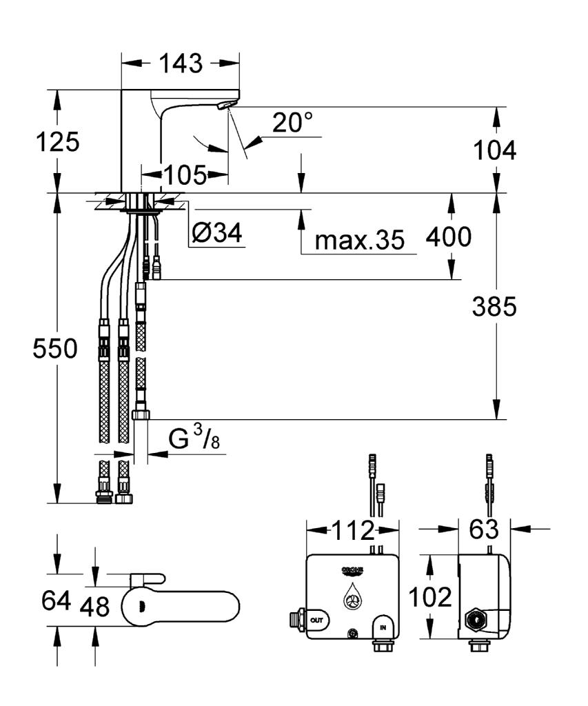 Grohe Eurosmart Cosmopolitan E Baterie lavoar cu infrarosu si mixare apa, cu Powerbox