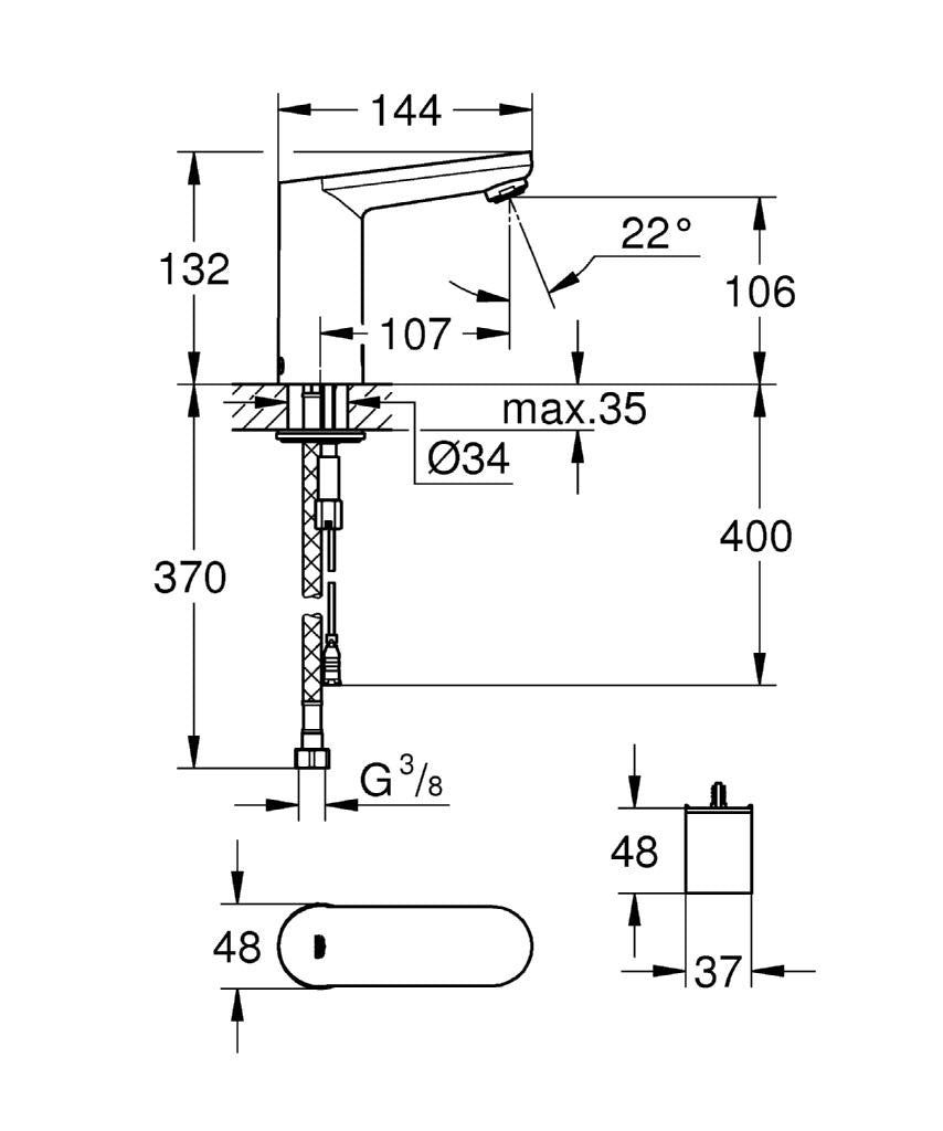 Grohe Eurosmart Cosmopolitan E Baterie lavoar cu infrarosu si mixare apa, alimentare baterie, fara valva