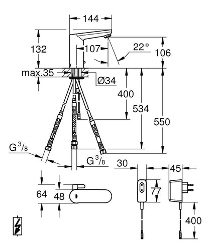 Grohe Eurosmart Cosmopolitan E Baterie lavoar cu infrarosu si mixare apa, pentru boilere deschise