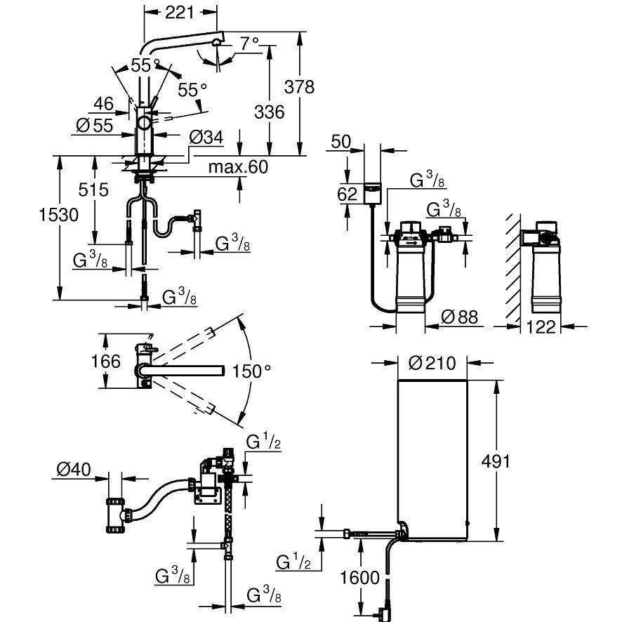 Grohe Red Duo Baterie de bucatarie cu pipa tip L si boiler, marime L, crom