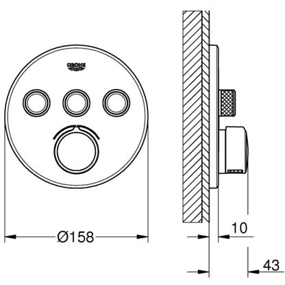 Grohe SmartControl Baterie dus cu termostat cu 3 iesiri, rotunda