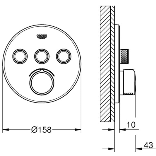 Grohe SmartControl Baterie dus cu termostat cu 3 iesiri, rotunda
