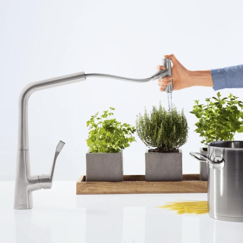 Hansgrohe Metris Select Baterie chiuveta bucatarie cu dus extractibil, H44.5 cm, aspect inox