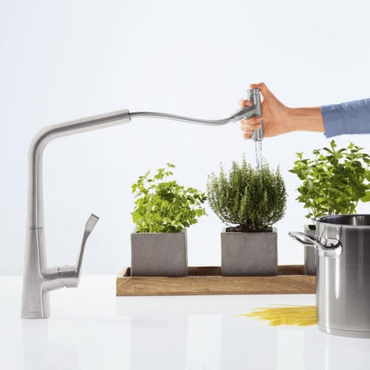 Hansgrohe Metris Select Baterie chiuveta bucatarie cu dus extractibil, H44.5 cm, aspect inox