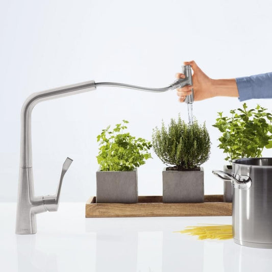 Hansgrohe Metris Select Baterie chiuveta bucatarie cu dus extractibil, H44.5 cm, aspect inox