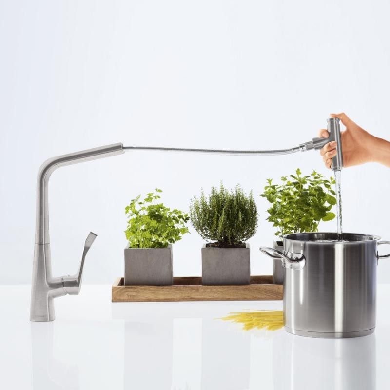 Hansgrohe Metris Select Baterie chiuveta bucatarie cu dus extractibil, H44.5 cm, aspect inox