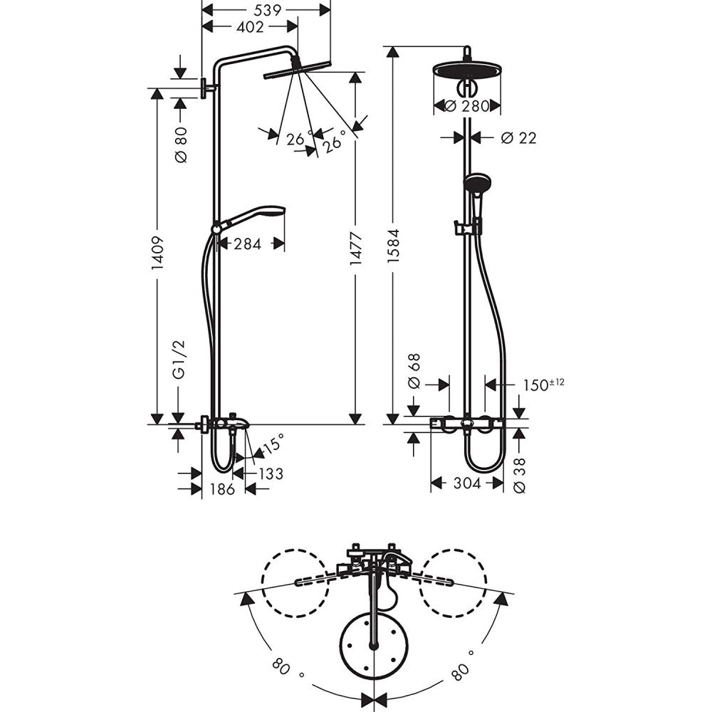 Coloana dus cu baterie si termostat Hansgrohe Croma Select 280 Air 1jet, cu pipa cada