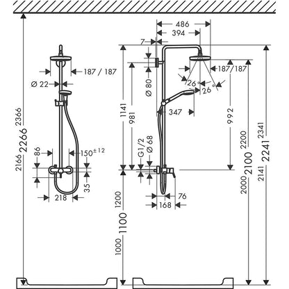 Coloana dus cu baterie fara termostat Hansgrohe Croma Select E 180 2jet, alb/crom