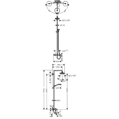 Coloana dus cu baterie si termostat Hansgrohe Croma Select S 180 2jet, cu pipa cada, alb/crom