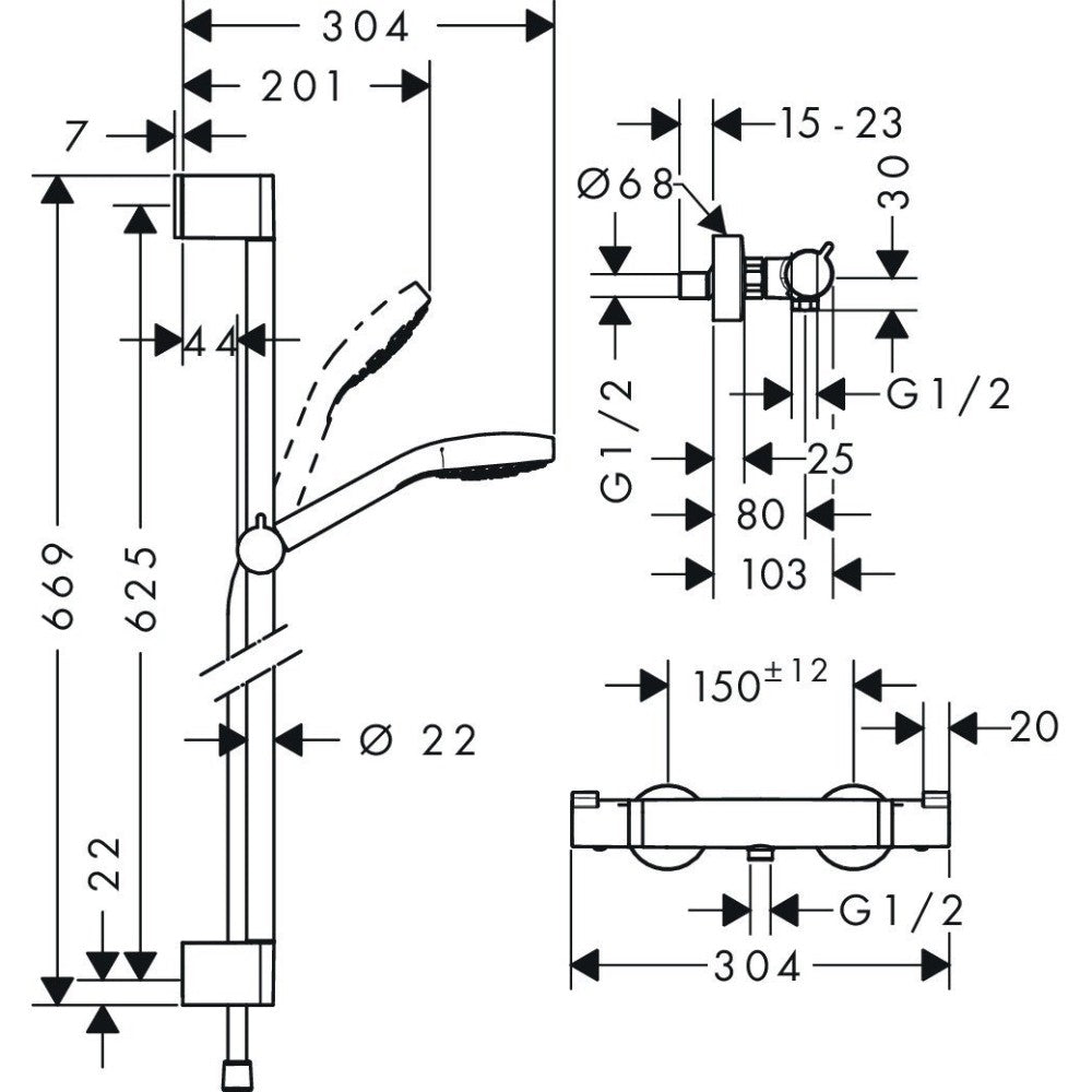 Hansgrohe Croma Select S Vario Baterie dus cu bara 65 cm cu termostat, alb/crom