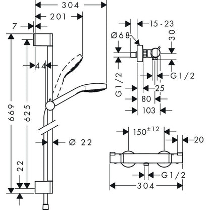 Hansgrohe Croma Select S Vario Baterie dus cu bara 65 cm cu termostat, alb/crom