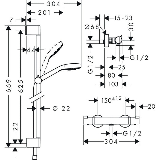 Hansgrohe Croma Select S Vario Baterie dus cu bara 65 cm cu termostat, alb/crom