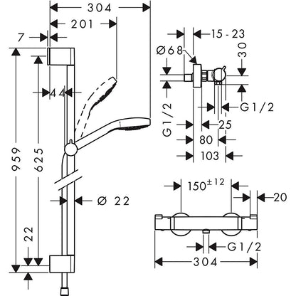 Hansgrohe Croma Select S Vario Baterie dus cu bara 90 cm cu termostat, alb/crom