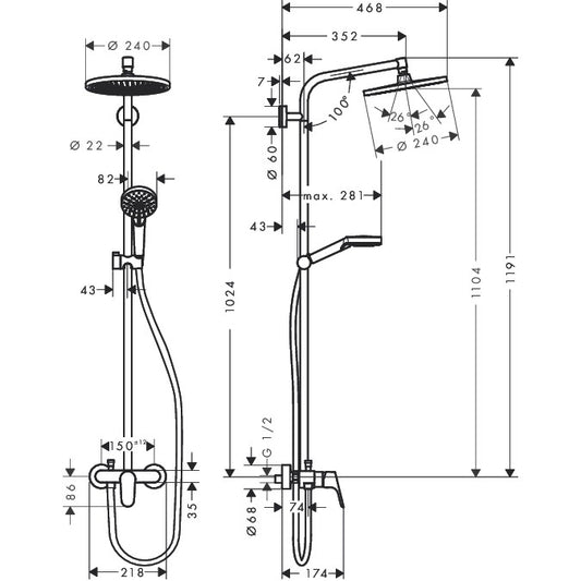 Coloana dus cu baterie fara termostat Hansgrohe Crometta S 240 1jet, crom