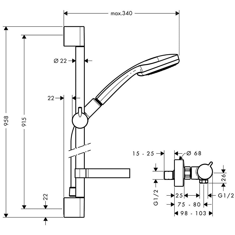 Hansgrohe Croma 100 Vario/Ecostat Comfort Combi Baterie dus cu bara 90 cm