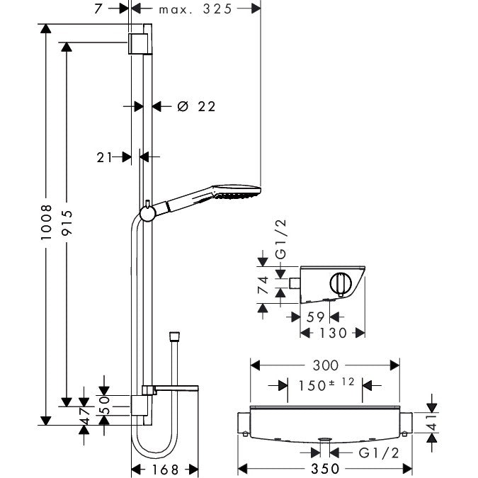 Hansgrohe Ecostat Select/Raindance Select E 120 3jet Baterie dus cu bara 90 cm cu termostat, crom