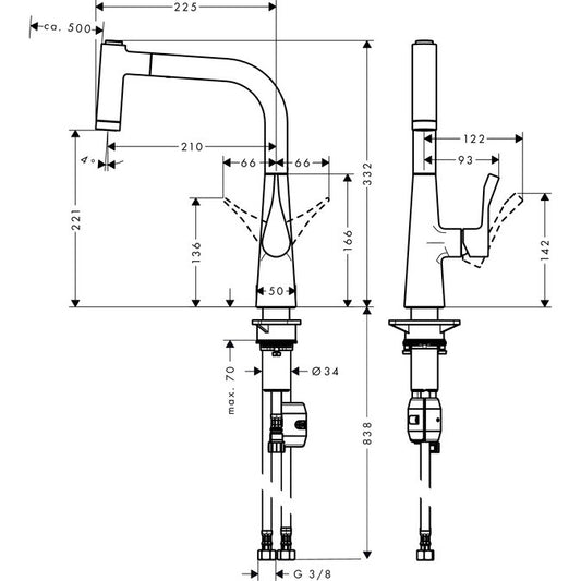 Hansgrohe Metris 220 Baterie chiuveta bucatarie monocomanda cu dus extractibil, aspect inox