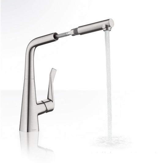 Hansgrohe Metris 320 Baterie chiuveta bucatarie monocomanda cu pipa extractibila, aspect inox