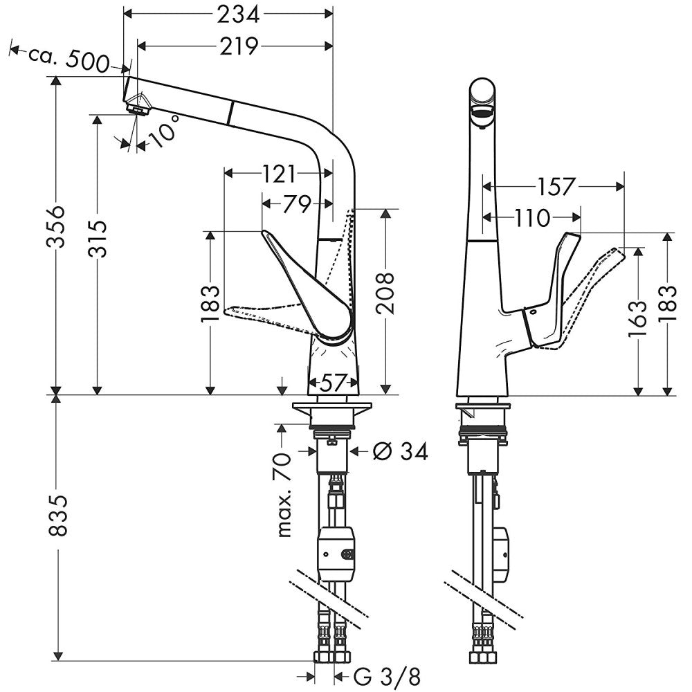 Hansgrohe Metris 320 Baterie chiuveta bucatarie monocomanda cu pipa extractibila, aspect inox