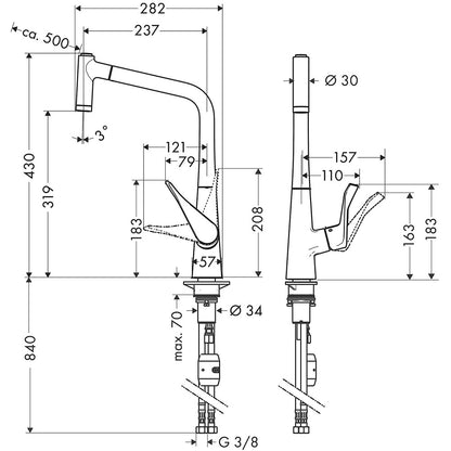 Hansgrohe Metris 320 Baterie chiuveta bucatarie monocomanda cu dus extractibil, aspect inox