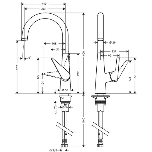 Hansgrohe Talis S 260 Baterie chiuveta bucatarie monocomanda, aspect inox