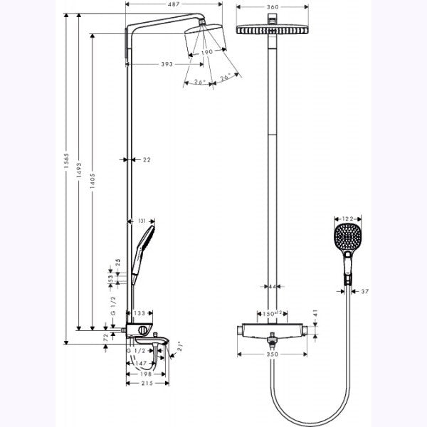 Coloana dus cu baterie si termostat Hansgrohe Raindance Select 360, cu pipa cada