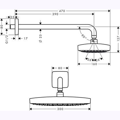 Palarie dus fix Hansgrohe Raindance Select E 300 2jet, cu brat orizontal, crom