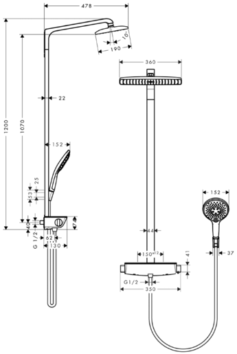 Coloana dus cu baterie si termostat Hansgrohe Raindance Select E 360, alb