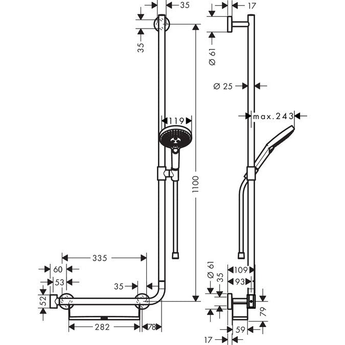 Hansgrohe Raindance Select S 120 3jet Set dus 110 cm, bara de sprijin cu polita, dreapta, crom