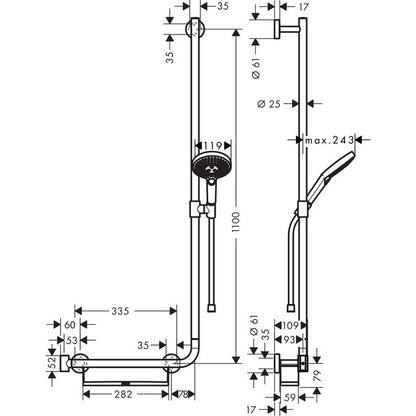 Hansgrohe Raindance Select S 120 3jet Set dus 110 cm, bara de sprijin cu polita, dreapta, crom
