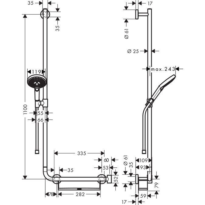 Hansgrohe Raindance Select S 120 3jet Set dus 110 cm, bara de sprijin cu polita, stanga, crom